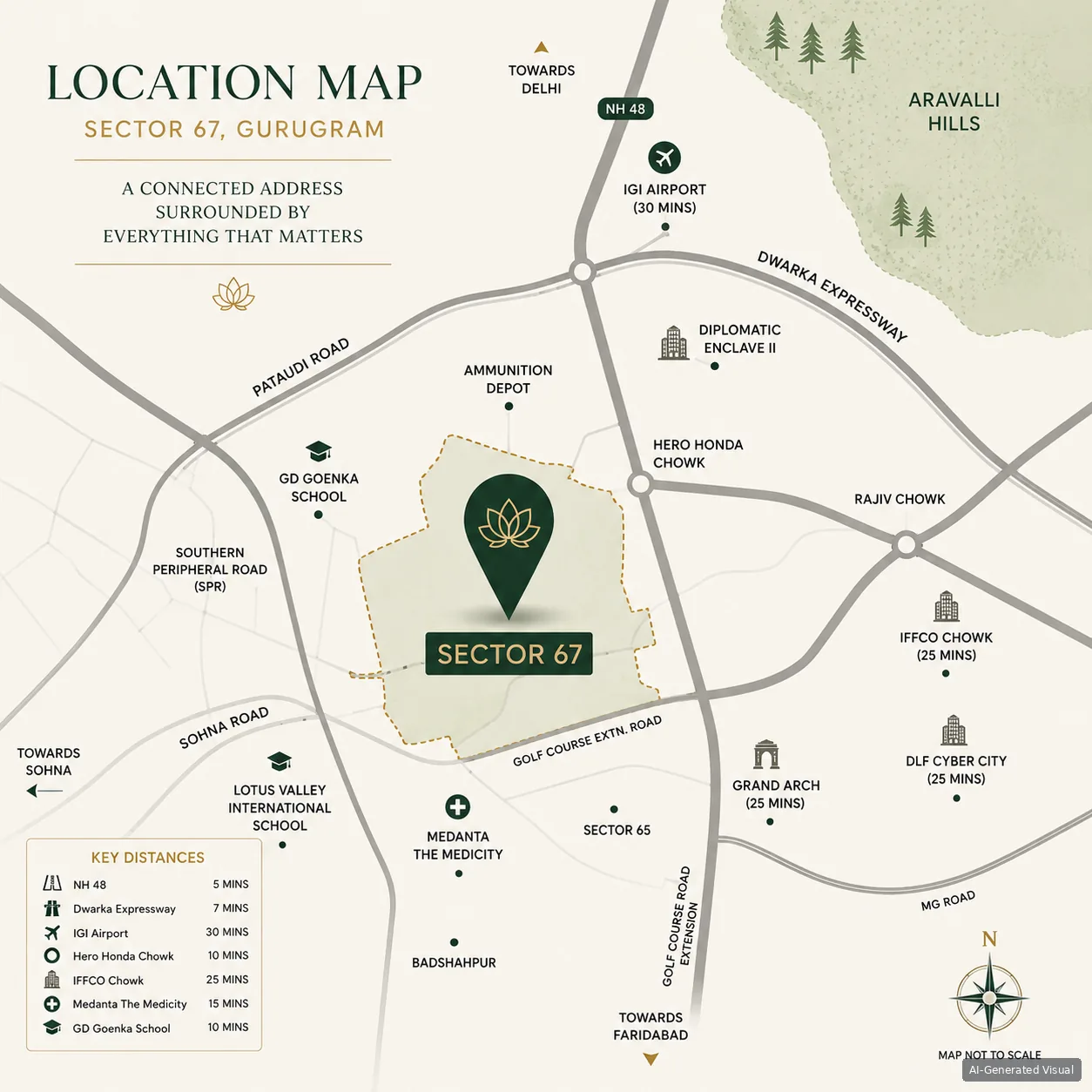 Smartworld 67 Sector 67, Gurugram location map showing Golf Course Extension Road connectivity — AI-generated illustrative map